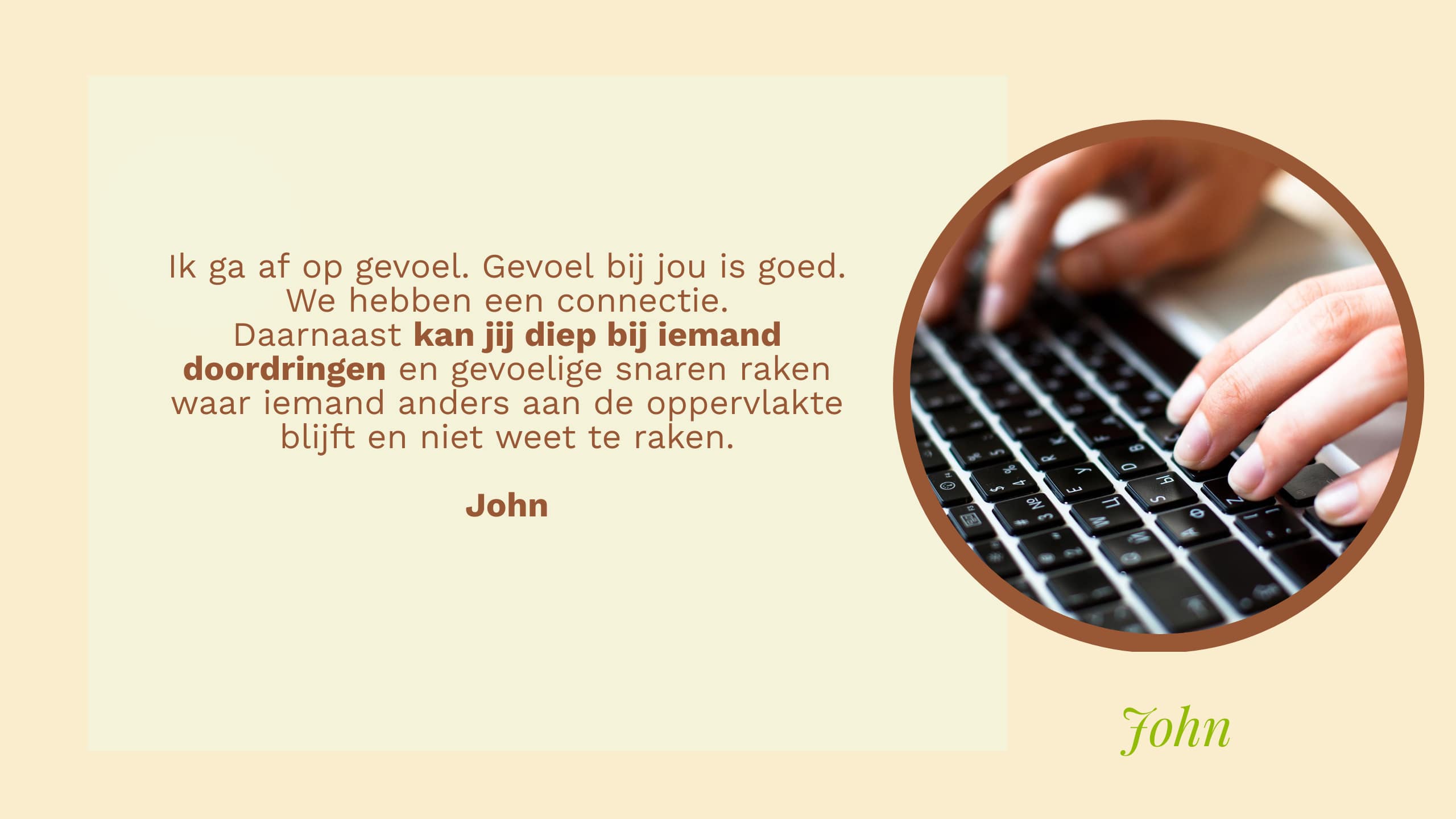 Een review over Jolanda geschreven door John. Typende handen en een toestenbord